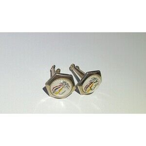 Vintage Fishing Fly Enamel Cufflinks – Hexagon Silver Tone